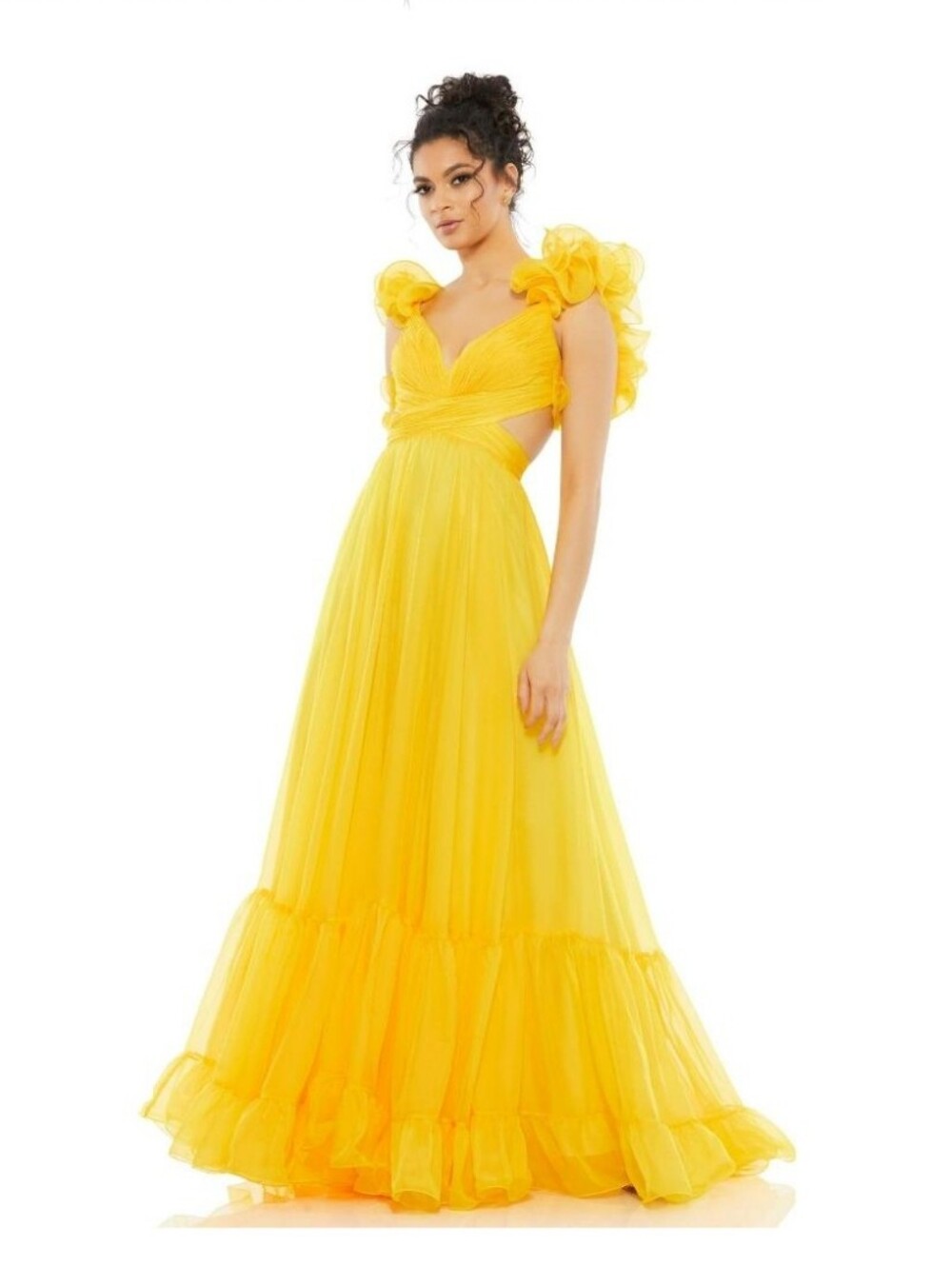 MAC DUGGAL ROSETTE CHIFFON CUTOUT GOWN SUNSHINE YELLOW